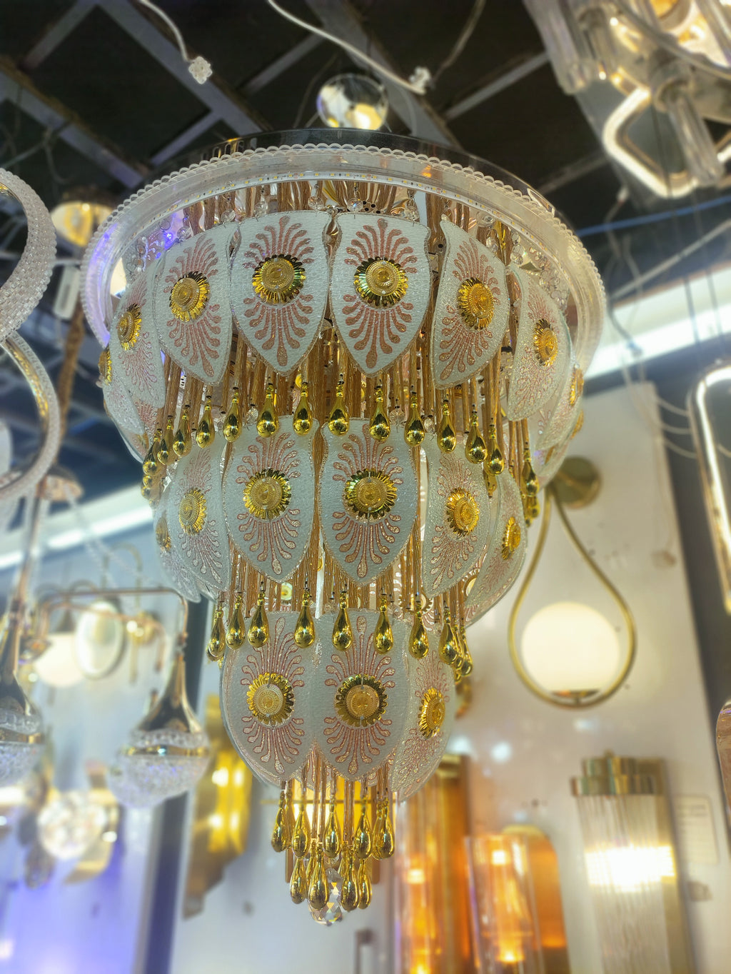 Luxury Gold Crystal Chandelier with Bluetooth Speakers & Remote Control