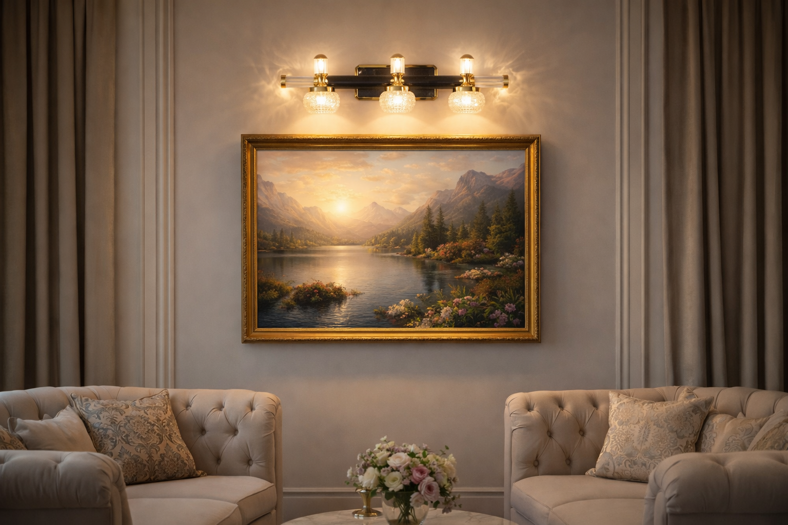 Elegant Triple-Head Picture Light – Golden Finish